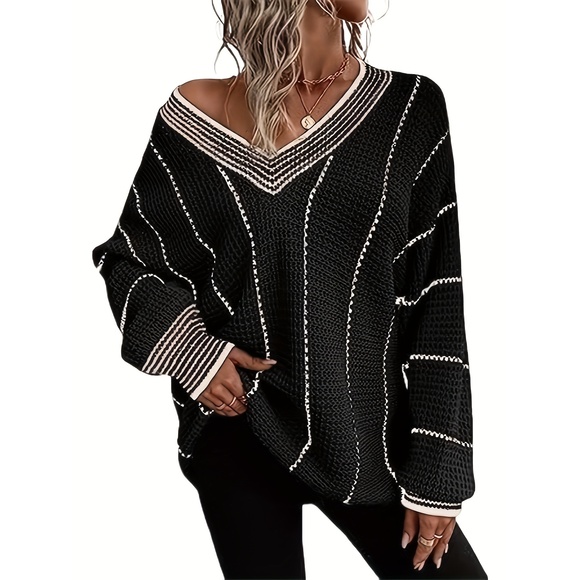 Oversized Striped V Neck Casual Comfy Long Sleeve Sweater, Women's Clothing - Picture 1 of 6